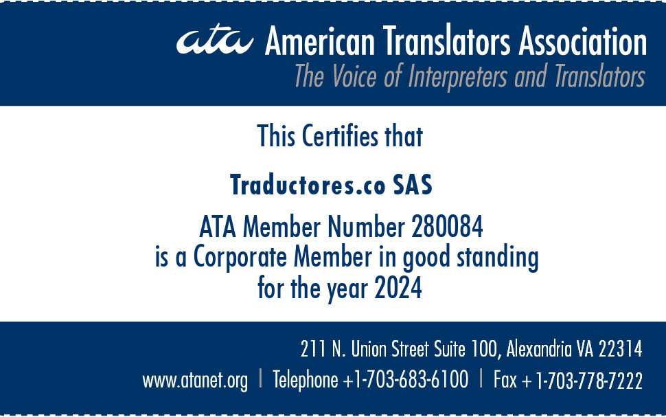 TRADUCTORES.co SAS es Miembro de ATA: 280084
